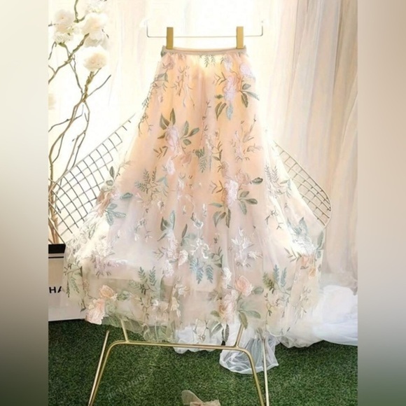 Party Train Dresses & Skirts - Floral Embroidered Flowers on Mesh Cream Skirt